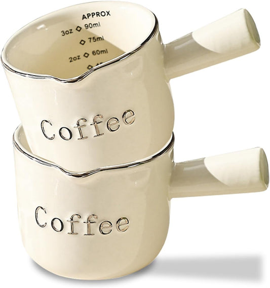 INSETLAN Espresso Cups, 2 Pack Espresso Coffee Ceramic Measuring Cup, 90ML Espresso Cups with Handle, Espresso Shot Coffee Cup with V-Shaped Mouth, Pitcher for Coffee Espresso Making Frothing