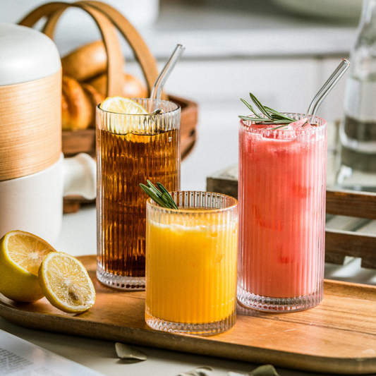 Classic Ribbed Drinking Glass Cups 370ml | Set of 4 | Includes Straws and Coasters