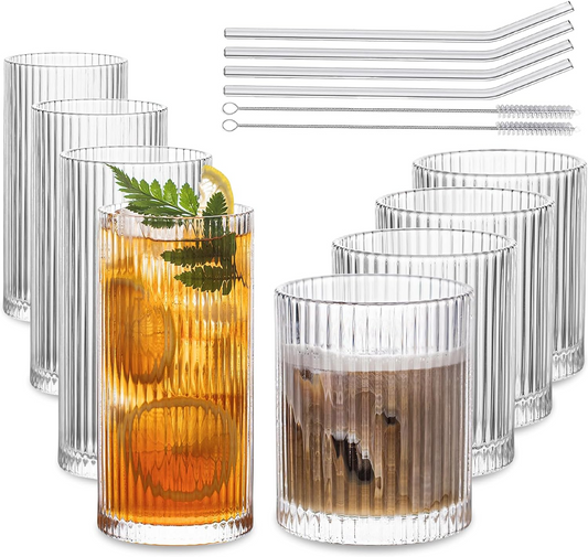 Classic Ribbed Drinking Glass Cups 370ml & 410ml | Set of 8 | Includes 4PCS Straws