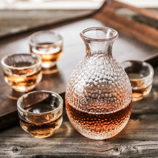 Japanese Sake Set for 4, Glass Hammer Pattern, 1 Cyrstal Clear Sake Bottle and 4 Sake Cups