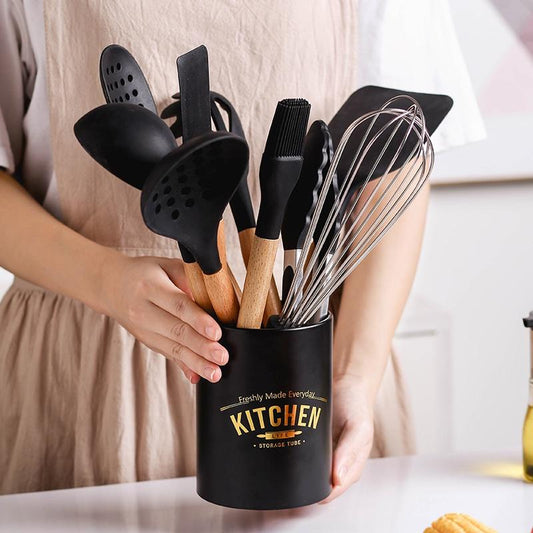 White/Black Silicone Cooking Utensils with Wooden Handles for Nonstick Cookware