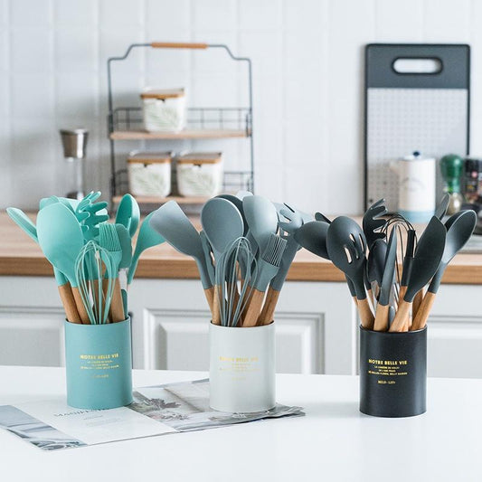 12Pcs Silicone Cooking Utensils Wooden Handle With Stainless Steel Storage Box, Nonstick Cookware (BPA Free)