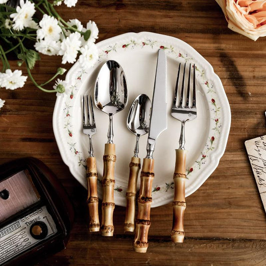 Bamboo Flatware Sets Stainless Steel Cutlery, Naturally Handmade